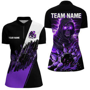 Black and Purple Skull reaper bowling jerseys Polo, 1/4 Zip Shirt for Women Custom Bowling Team shirts NQS8031