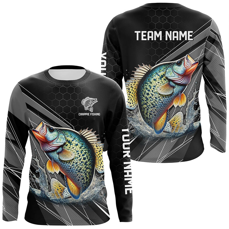 Personalized Black camo Crappie Fishing Jerseys, Crappie Long Sleeve Fishing Tournament Shirts NQS8448