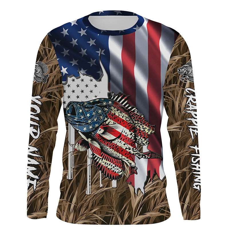 American flag patriot Crappie camo fishing, custom mens long sleeve sun protection fishing apparel NQS4110