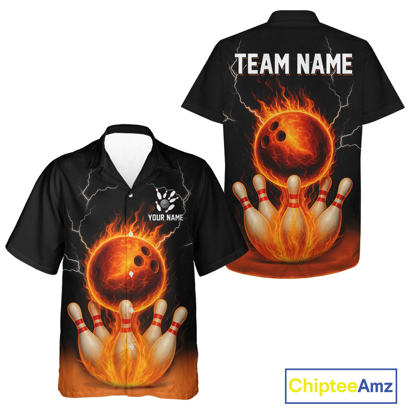 Custom Black and Orange Flame Lightning Bowling Hawaiian Shirt, Team Bowling Outfit NQS10855