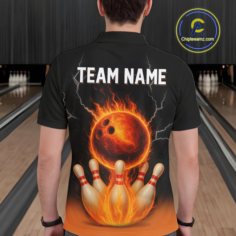 Custom Black and Orange Flame Lightning Bowling Polo, Quarter Zip Shirt For Men, Team Bowling Outfit NQS10855