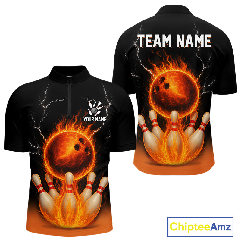 Custom Black and Orange Flame Lightning Bowling Polo, Quarter Zip Shirt For Men, Team Bowling Outfit NQS10855