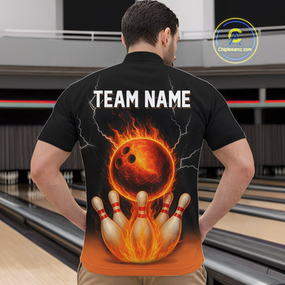 Custom Black and Orange Flame Lightning Bowling Polo, Quarter Zip Shirt For Men, Team Bowling Outfit NQS10855