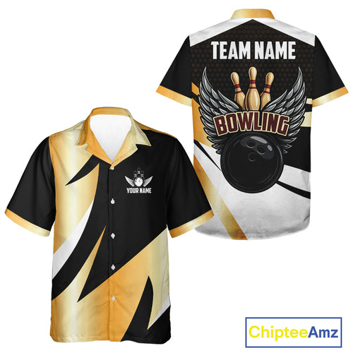 Black and Gold Bowling ball wings Bowling Button up shirt Custom Hawaiian Bowling Team jersey NQS11043