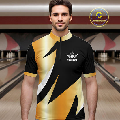 Black and Gold Bowling ball wings Bowling Polo, Quarter Zip Shirts for Men Custom Bowling Team jersey NQS11043