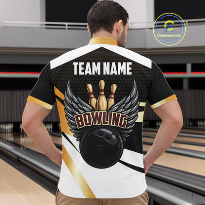 Black and Gold Bowling ball wings Bowling Polo, Quarter Zip Shirts for Men Custom Bowling Team jersey NQS11043