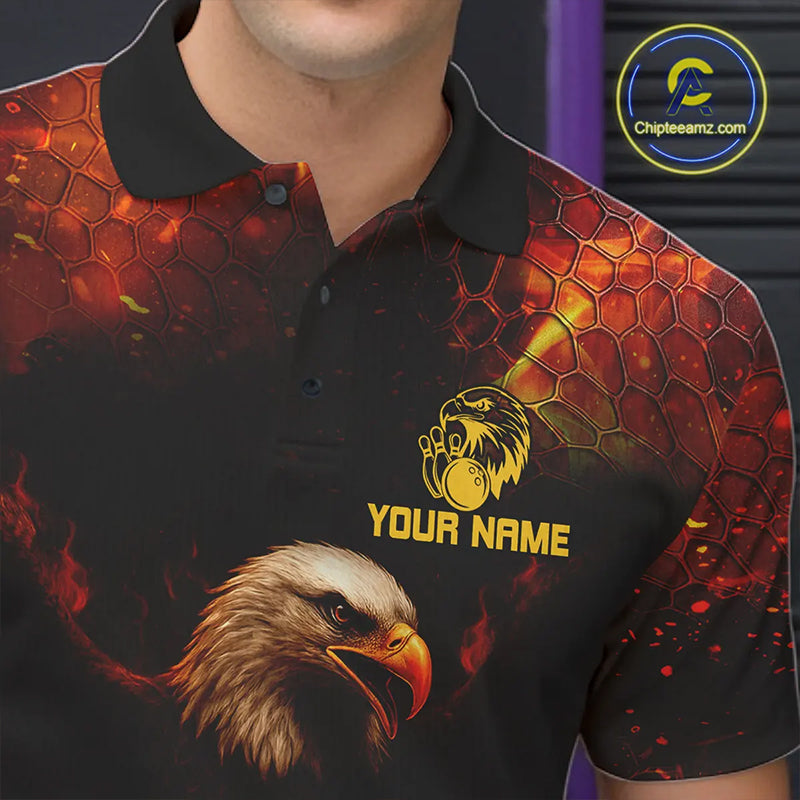 Personalized Flame Eagle Bowling Polo, Quarter Zip Shirts For Men Custom Team Eagle Bowling Jerseys NQS11236