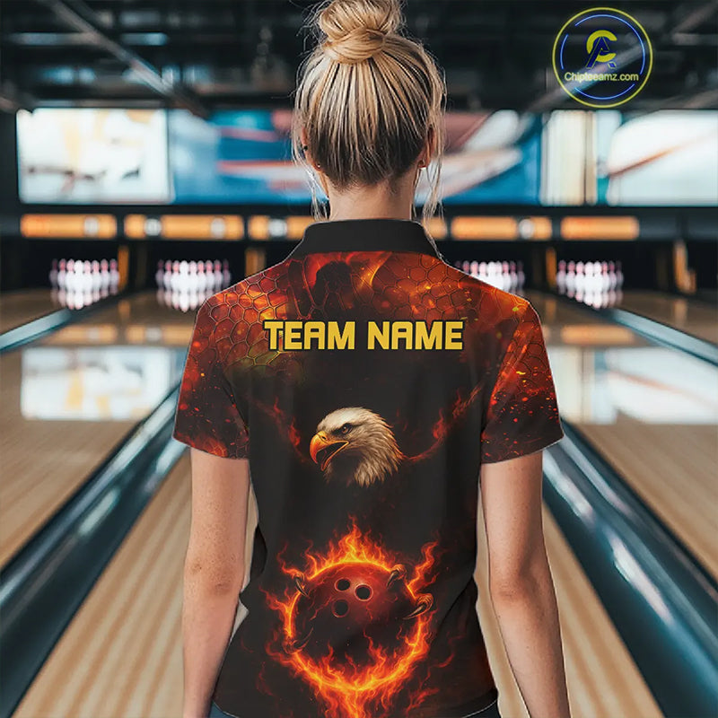 Personalized Flame Eagle Bowling Polo, Quarter Zip Shirts For Women Custom Team Eagle Bowling Jerseys NQS11236