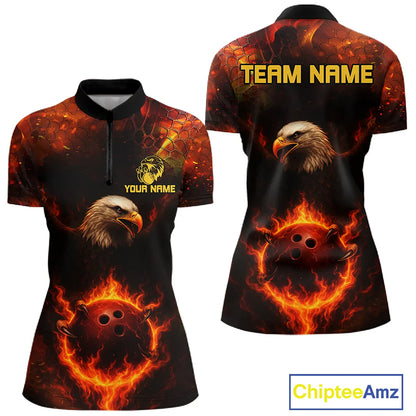 Personalized Flame Eagle Bowling Polo, Quarter Zip Shirts For Women Custom Team Eagle Bowling Jerseys NQS11236