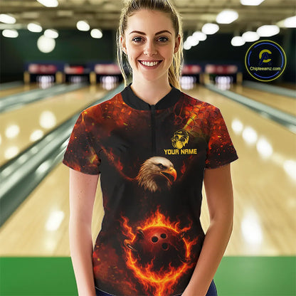 Personalized Flame Eagle Bowling Polo, Quarter Zip Shirts For Women Custom Team Eagle Bowling Jerseys NQS11236