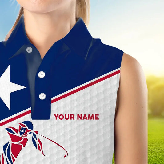 Personalized Texas flag patriotic golf white Womens sleeveless polo shirt custom ladies golf tops NQS9357