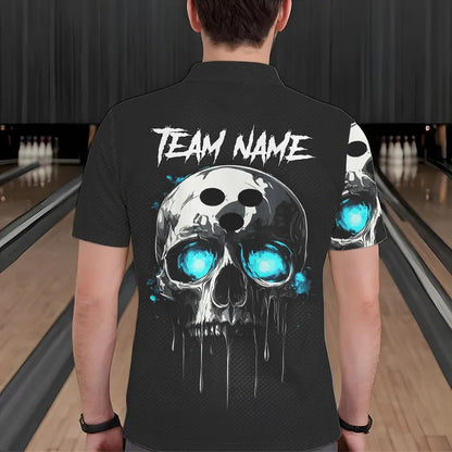 Black and Blue Skull Men's Bowling Polo, Quarter Zip shirts Custom Skull Team Bowling Jersey NQS9361