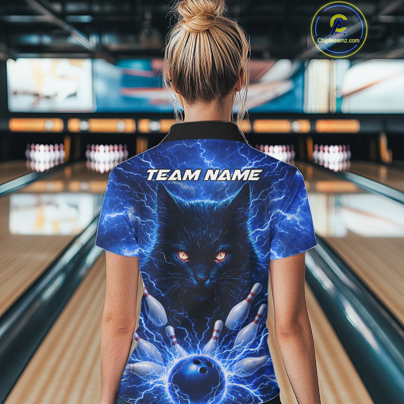 Blue Lightning Thunder Cat Bowling Jerseys for Women custom Bowling Polo, 1/4 zip Team League Shirts NQS11428