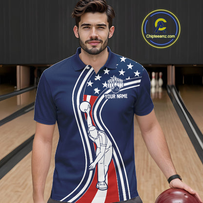 Retro bowling Polo, 1/4 Zip shirts for Men Custom American flag patriotic team bowling jerseys | Navy NQS11430