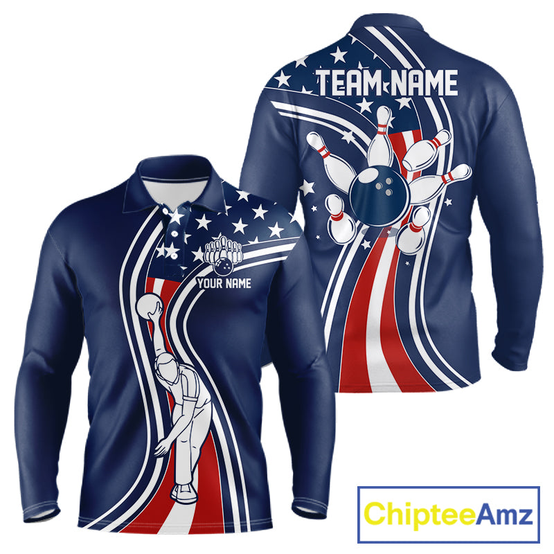 Retro bowling Polo, 1/4 Zip shirts for Men Custom American flag patriotic team bowling jerseys | Navy NQS11430