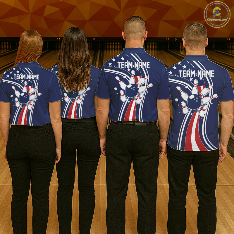 Retro bowling Polo, 1/4 Zip shirts for Men Custom American flag patriotic team bowling jerseys | Navy NQS11430