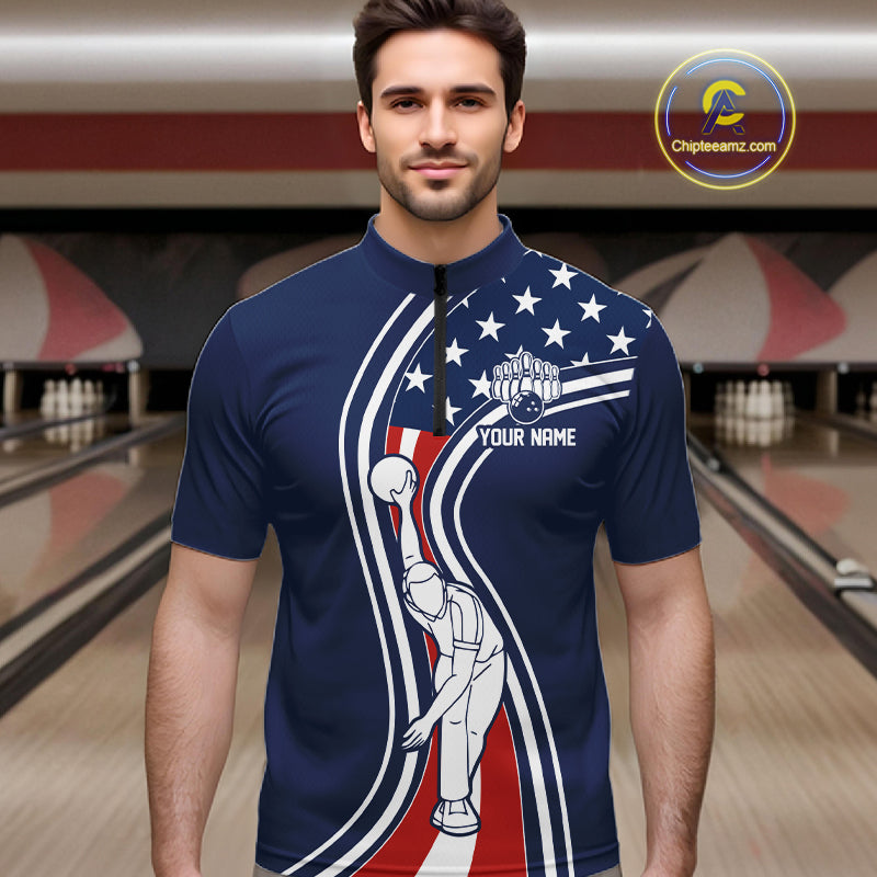 Retro bowling Polo, 1/4 Zip shirts for Men Custom American flag patriotic team bowling jerseys | Navy NQS11430