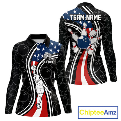 Black camo Retro bowling shirts for Women Custom American flag patriotic team bowling jerseys NQS11431