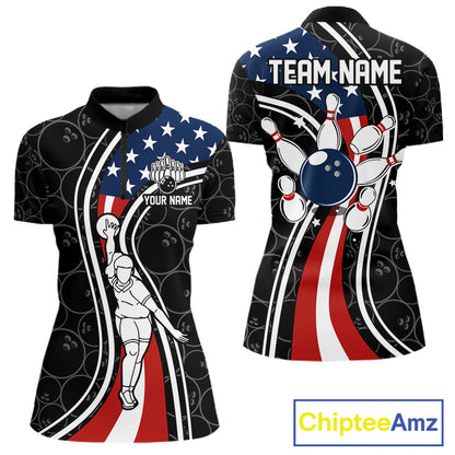 Black camo Retro bowling shirts for Women Custom American flag patriotic team bowling jerseys NQS11431
