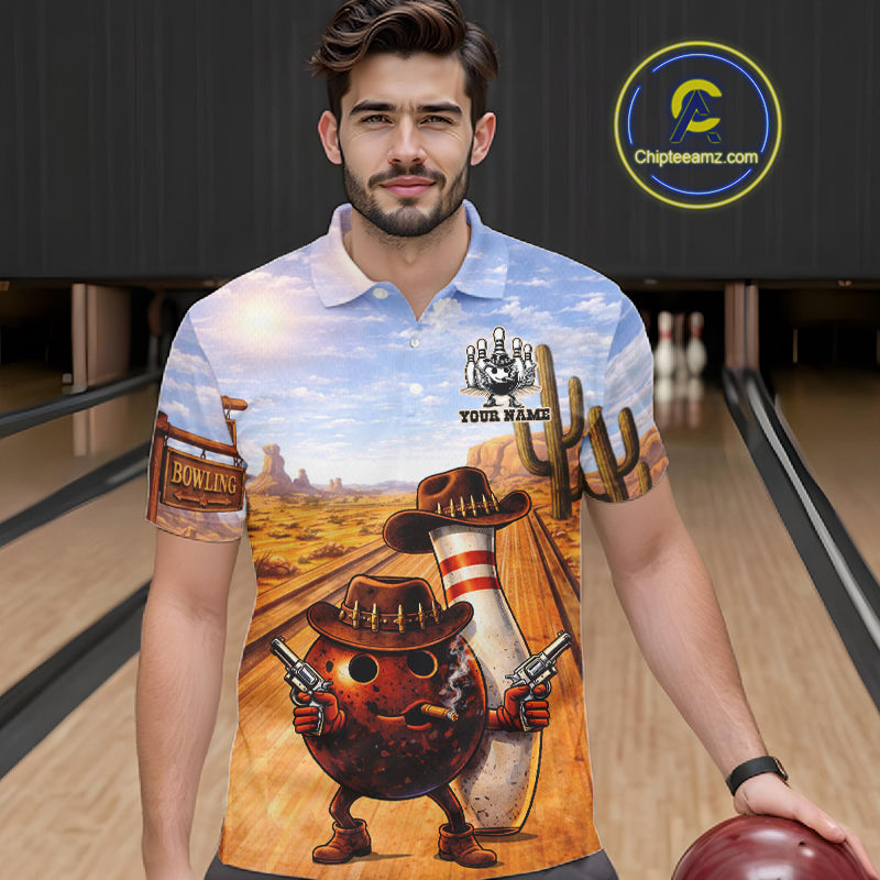 Funny desert Bowling Cowboy gun Bowling Polo, 1/4 zip shirts Custom bowling team jerseys NQS11434