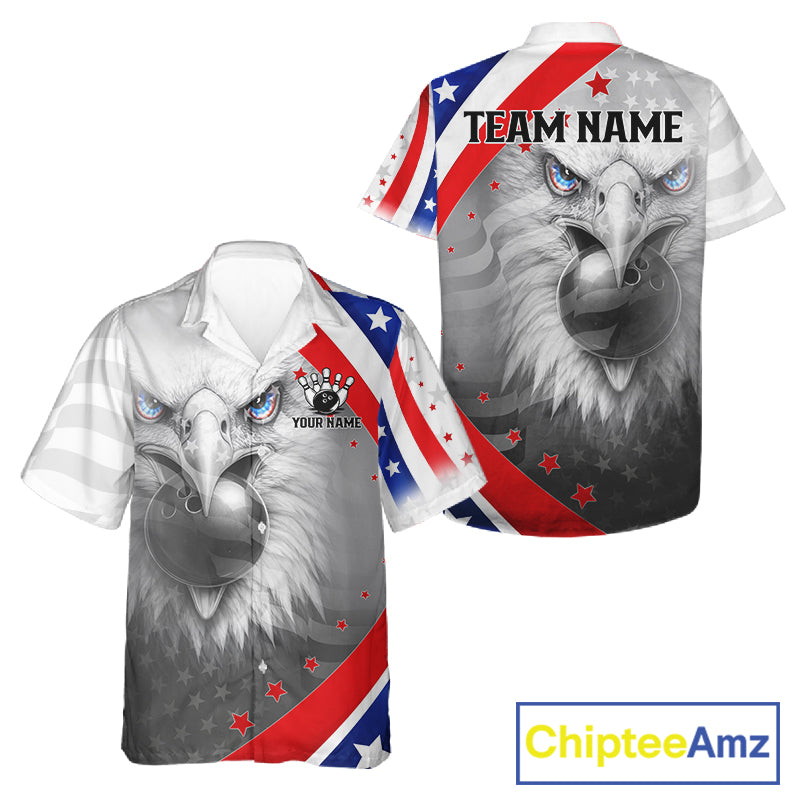 Red, White & Blue US Flag Eagle Bowling Button-up Shirt Custom Patriotic Team Hawaiian Bowling Jersey NQS11632