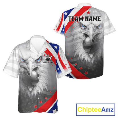 Red, White & Blue US Flag Eagle Bowling Button-up Shirt Custom Patriotic Team Hawaiian Bowling Jersey NQS11632
