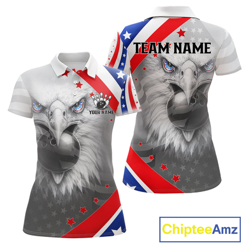 Red, White and Blue US Flag Eagle Bowling Shirts For Women Custom Patriotic Team Bowling Jersey NQS11632