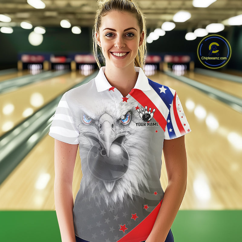 Red, White and Blue US Flag Eagle Bowling Shirts For Women Custom Patriotic Team Bowling Jersey NQS11632