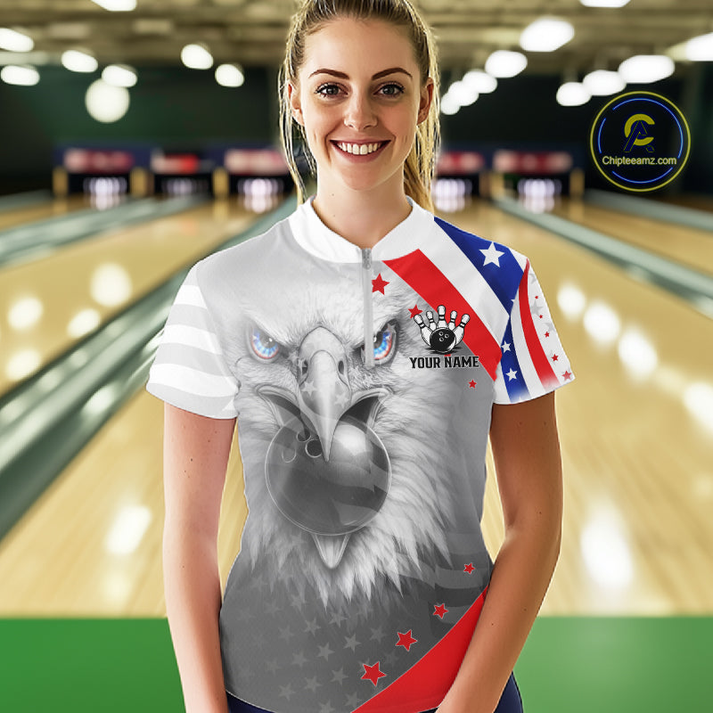 Red, White and Blue US Flag Eagle Bowling Shirts For Women Custom Patriotic Team Bowling Jersey NQS11632