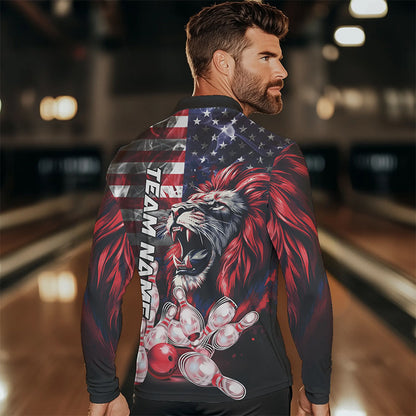 Smoke American Flag Lion Bowling Polo, 1/4 Zip Shirts for Men Custom patriotic Team Bowling jerseys NQS9670