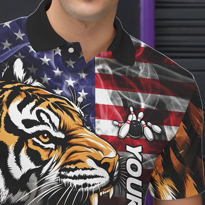 Smoke American Flag Tiger Bowling Polo, 1/4 Zip Shirts for Men Custom patriotic Team Bowling jerseys NQS9672