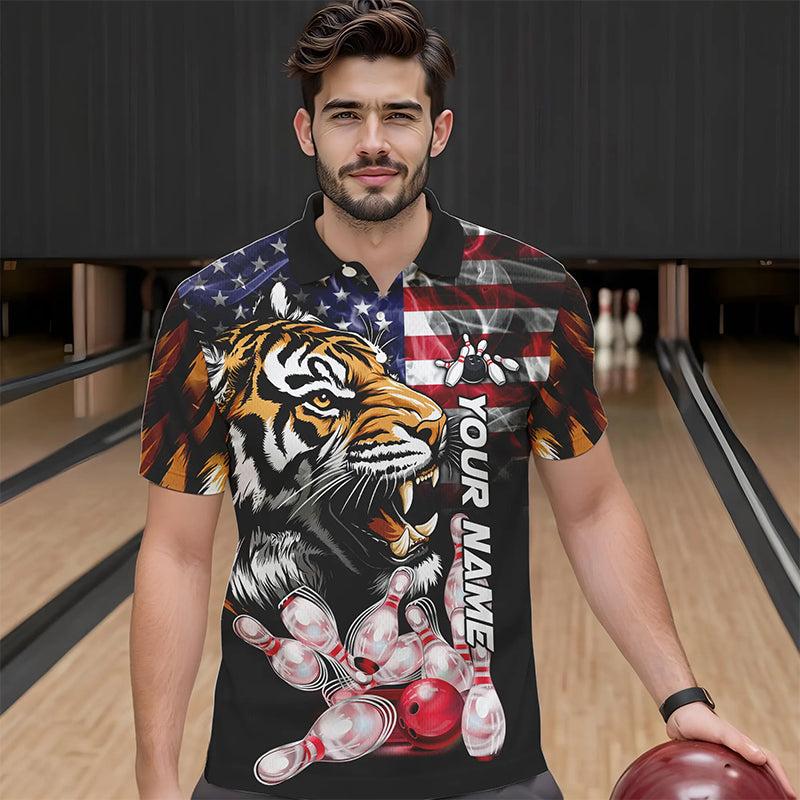 Smoke American Flag Tiger Bowling Polo, 1/4 Zip Shirts for Men Custom patriotic Team Bowling jerseys NQS9672