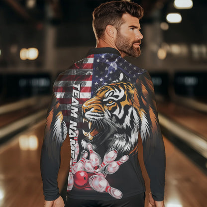 Smoke American Flag Tiger Bowling Polo, 1/4 Zip Shirts for Men Custom patriotic Team Bowling jerseys NQS9672