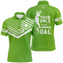 Load image into Gallery viewer, Mens golf polo shirt white American flag custom your hole is my goal funny golf team shirt | Green NQS7607