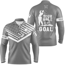 Load image into Gallery viewer, Mens golf polo shirt white American flag custom your hole is my goal funny golf team shirt | Gray NQS7608