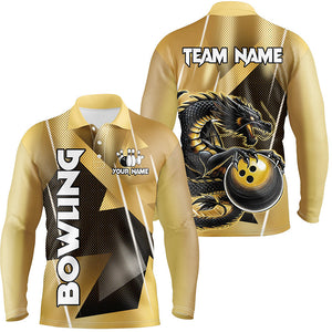 Black And Gold Custom Dragon Bowling Shirts For Men, Dragon Bowling Team Shirts NQS8233