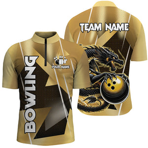 Black And Gold Custom Dragon Bowling Shirts For Men, Dragon Bowling Team Shirts NQS8233