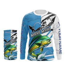 Load image into Gallery viewer, Mahi mahi Fishing Blue Camo UV protection custom long sleeve fishing apparel, Dorado fishing jerseys NQS8235