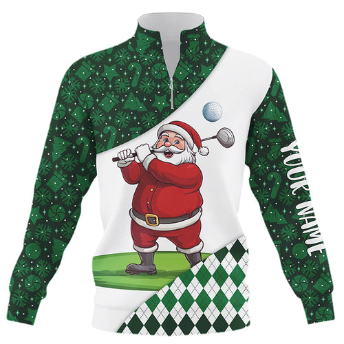 Green Christmas argyle pattern Funny Santa Golfer Quarter zip golf sweatshirt custom golf sweater tops NQS8688