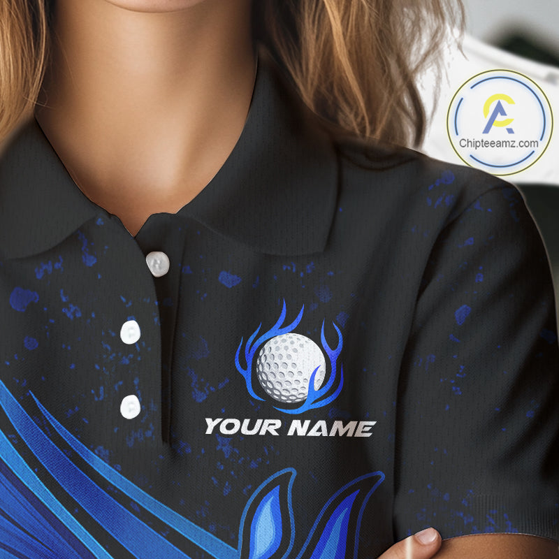 Black & Blue Golf ball Flame Golf Polo Shirts For Women Custom ladies's golf clothing, best golf gift NQS10864