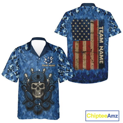 Blue Camo American Flag Veteran Skull Bowling Hawaiian Shirt Custom patriotic Bowling Team Jerseys NQS11047