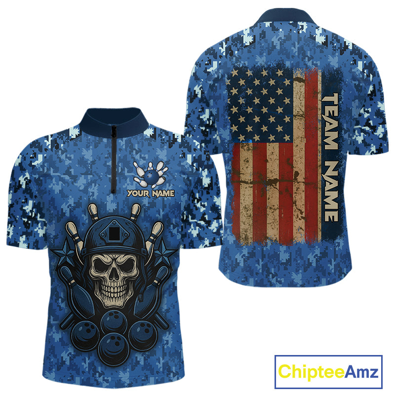 Blue Camo American Flag Veteran Skull Bowling Shirts For Men Custom patriotic Bowling Team Jerseys NQS11047