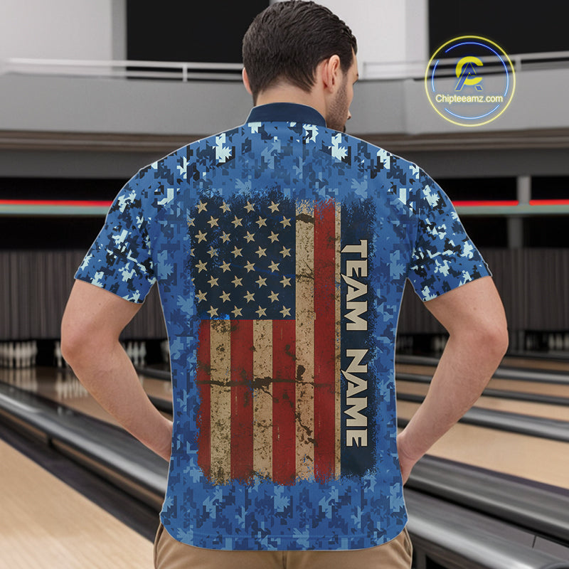 Blue Camo American Flag Veteran Skull Bowling Shirts For Men Custom patriotic Bowling Team Jerseys NQS11047