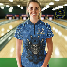 Load image into Gallery viewer, Blue Camo American Flag Veteran Skull Bowling Shirts For Women Custom patriotic Bowling Team Jerseys NQS11047