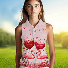 Load image into Gallery viewer, Pink Glitter Flamingo Heart Theme Women sleeveless polo shirt custom Valentines golf tops gift for her NQS9367