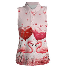 Load image into Gallery viewer, Pink Glitter Flamingo Heart Theme Women sleeveless polo shirt custom Valentines golf tops gift for her NQS9367
