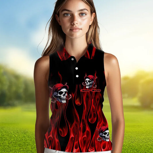 Red Flame Skull Women sleeveless polo shirt custom skull fire golf apparel for ladies NQS9515