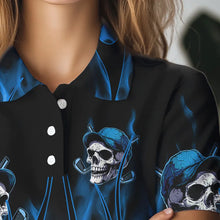 Load image into Gallery viewer, Blue Flame Skull Women golf polo shirts custom skull fire golf apparel for ladies NQS9516