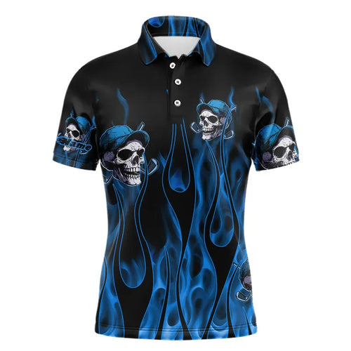 Blue Flame Skull Mens golf polo shirts custom skull fire golf apparel for mens NQS9516