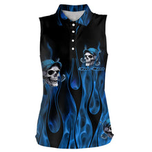 Load image into Gallery viewer, Blue Flame Skull Women sleeveless polo shirt custom skull fire golf apparel for ladies NQS9516